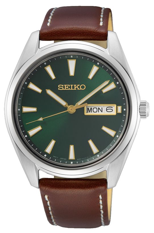 Seiko - Herreur med læderrem, grøn skive og dato - Model: SUR449P1