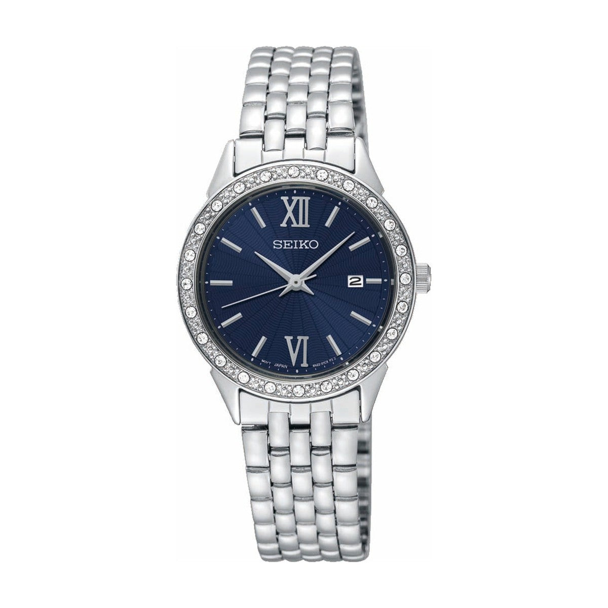 Køb Seiko - Dameur stål med lænke, dato m/sten, blå skive, WR - Model: SUR691P1 hos Guldsmed Smeds