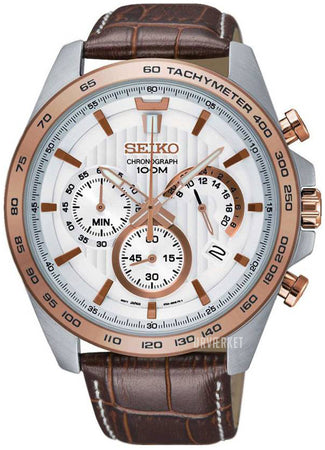 Køb Seiko - Herreur cronograph rosa forgyldt med læder rem 100 m - Model: SSB306P1 hos Guldsmed Smeds